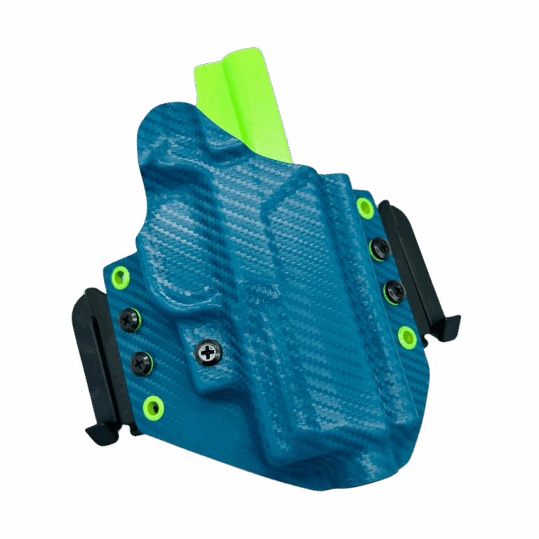 Teal carbon fiber Theseus Series dual colour Kydex holster with green hardware