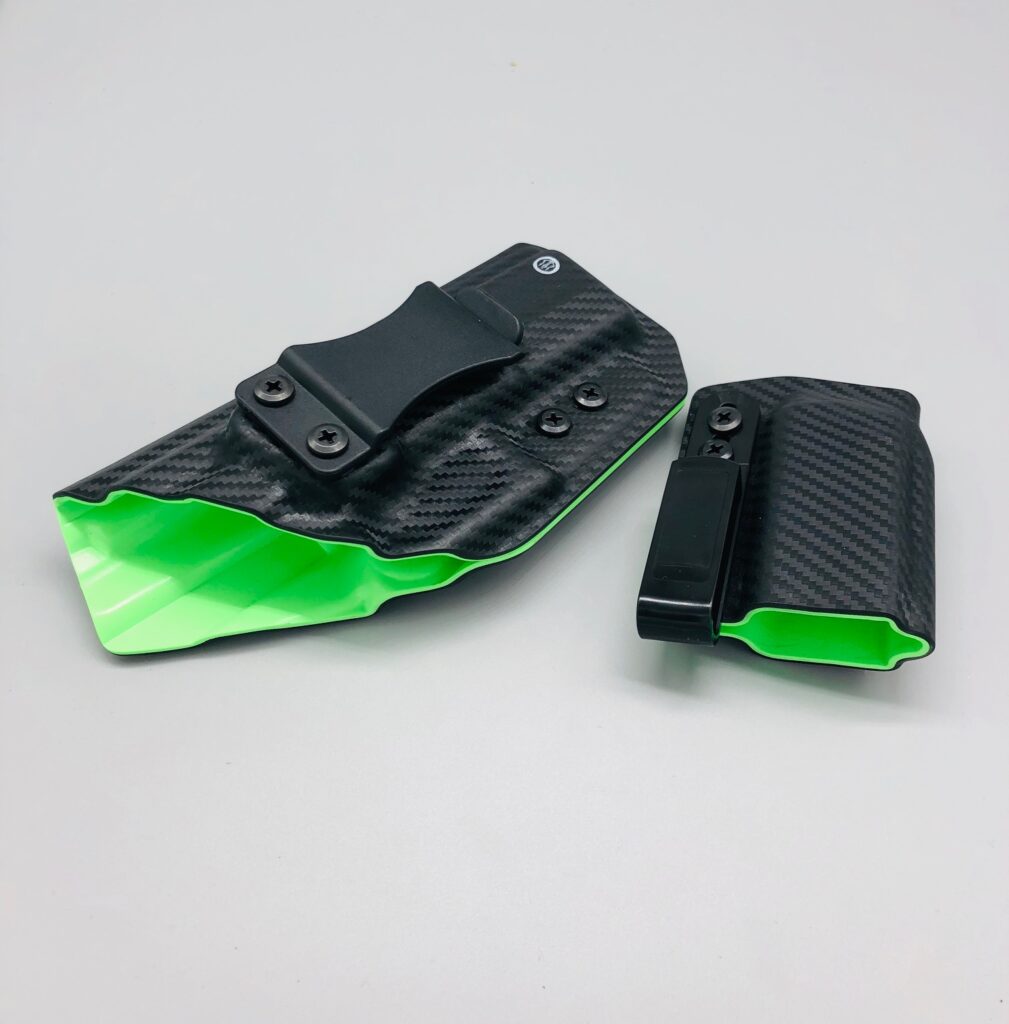 Carbon fiber Kydex Glock holster and magazine carrier set with lime green backing
