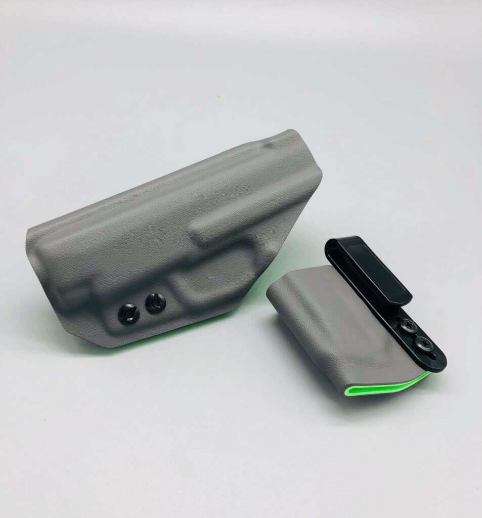 Grey Kydex SIG Sauer P365 holster and magazine carrier set with green accents
