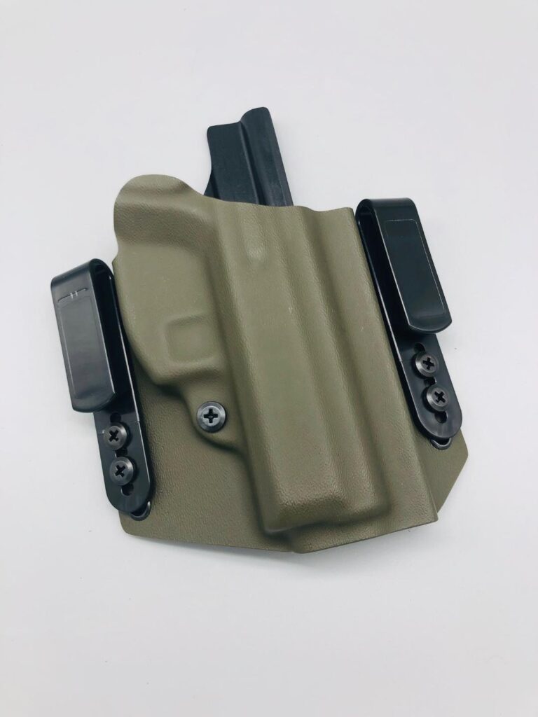 OD green Nestor Series light-bearing Kydex holster with twin belt clips