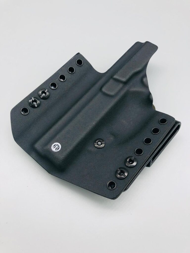 Black Nestor Series Kydex OWB holster shell, flat view