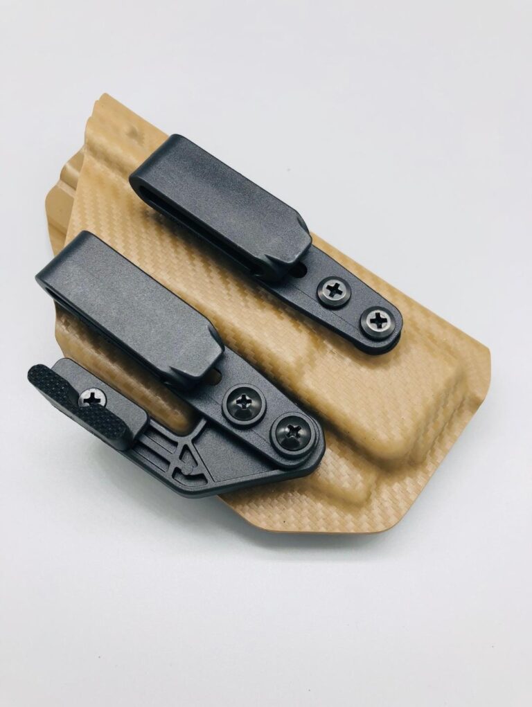 Tan carbon fiber Triton 2.0 Kydex IWB holster with twin belt clips and a claw