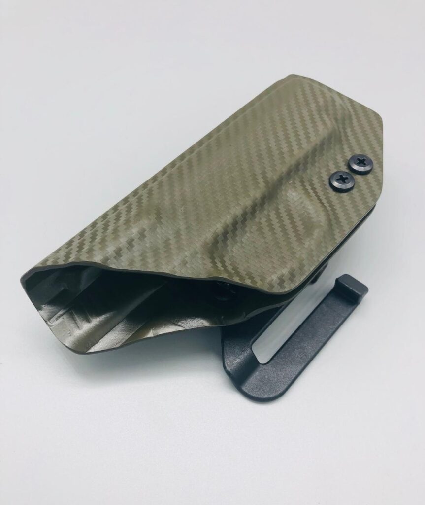 OD green carbon fiber Hermes Series Kydex holster shell, side view