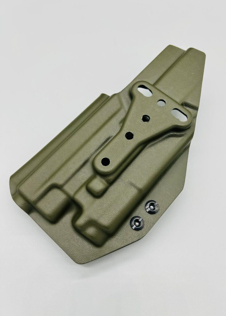 OD green Kydex Veritas Series light-bearing OWB holster shell, front view