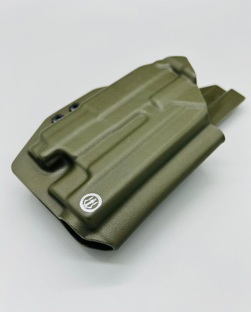 OD green Kydex Veritas Series OWB holster with a molded light channel and the Neptune trident logo