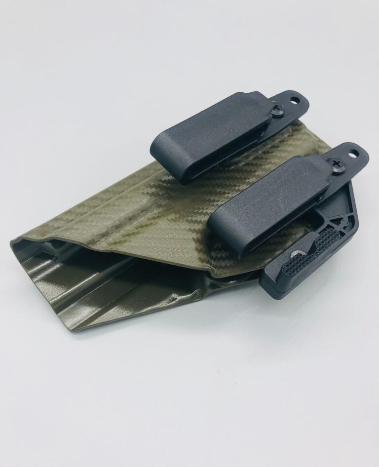 Olive carbon fiber Triton 2.0 Kydex IWB holster with two belt clips