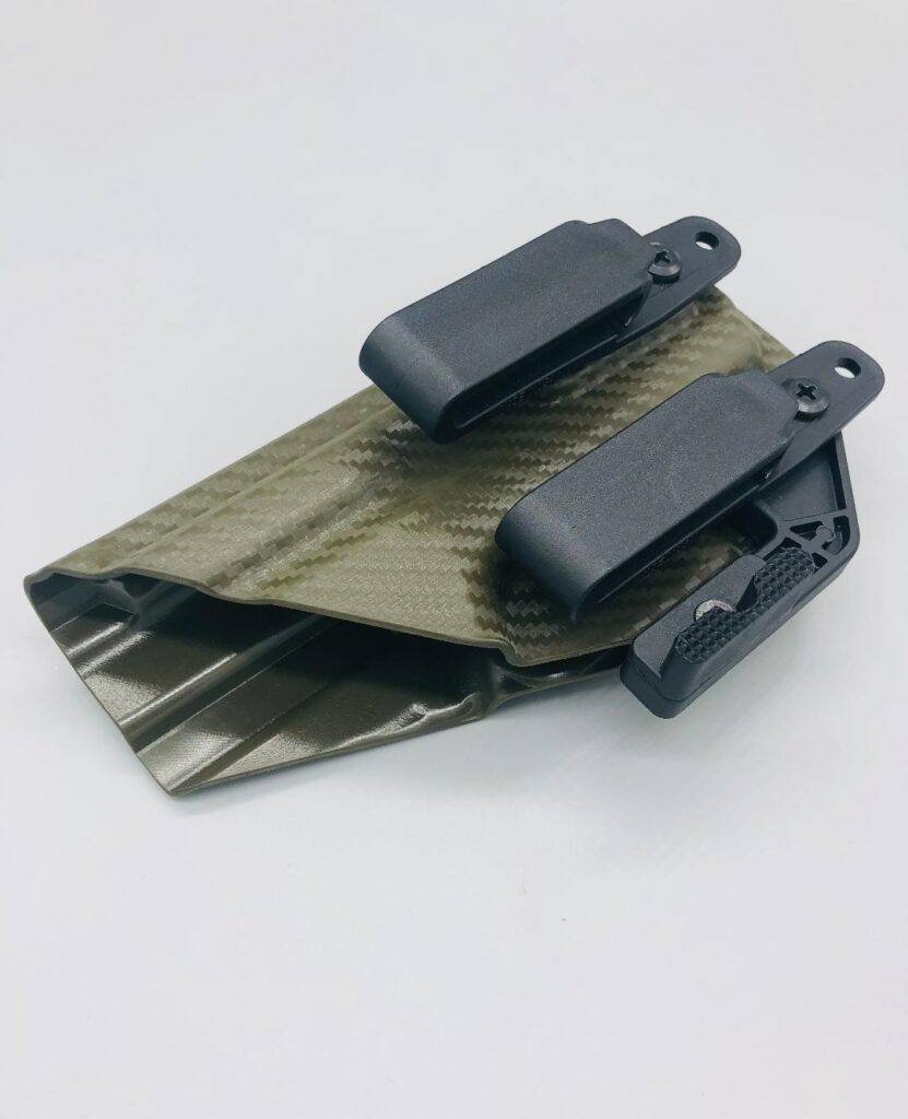 Olive carbon fiber Triton 2.0 Kydex IWB holster with two belt clips