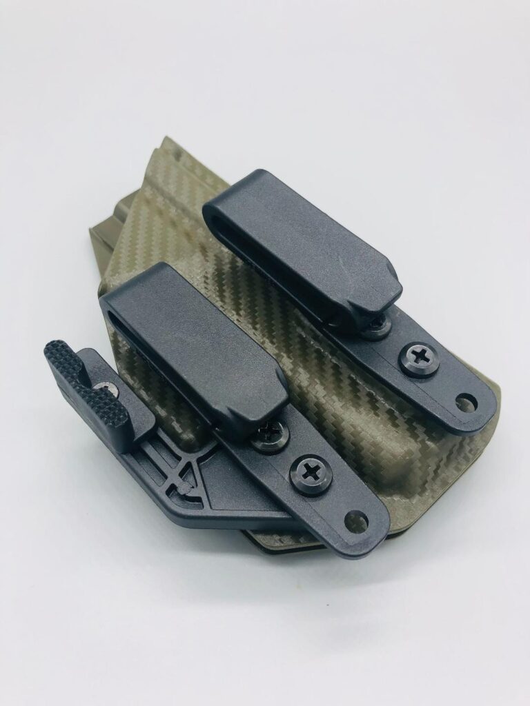 Olive carbon fiber Triton 2.0 Kydex IWB holster with twin belt clips and a claw
