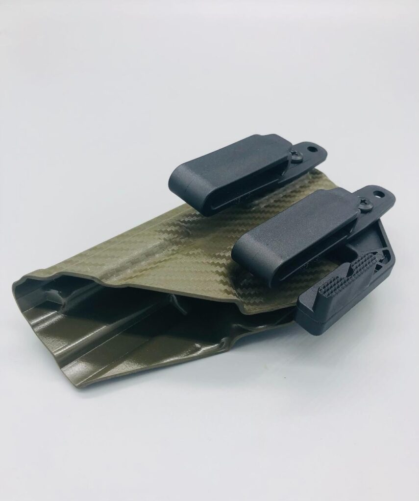 Olive carbon fiber Triton 2.0 Kydex IWB holster, side view with twin belt clips