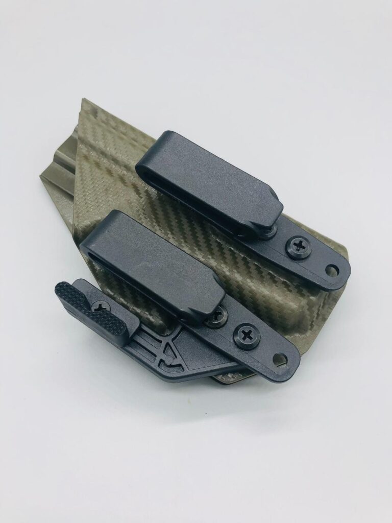 Olive carbon fiber Triton 2.0 Kydex IWB holster with an adjustable claw