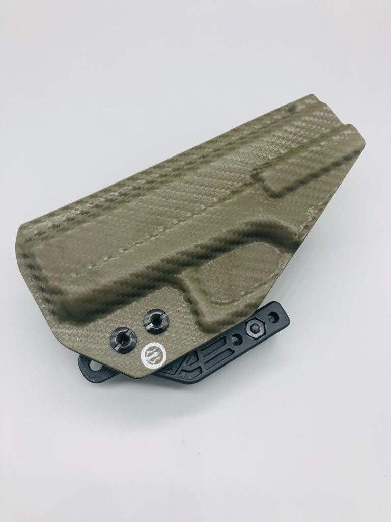 OD green carbon fiber Triton 2.0 Kydex IWB holster with a belt clip