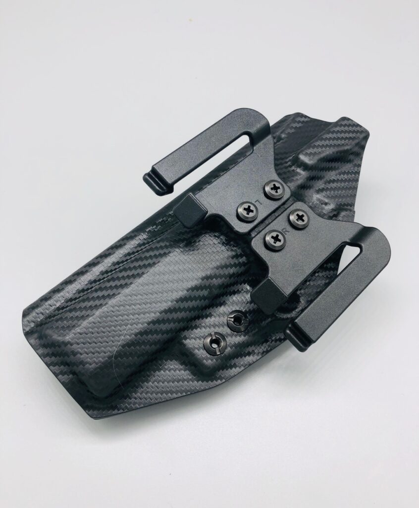 Black carbon fiber Hermes Series Kydex OWB holster with belt loops
