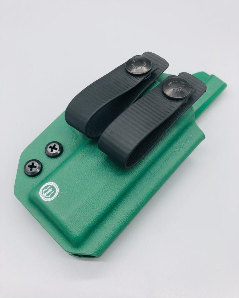 Green Kydex SIG Sauer P365 holster on soft loop belt attachments