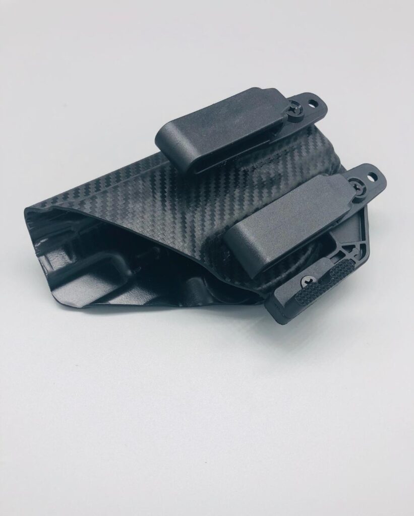 Black carbon fiber Triton 2.0 Kydex IWB holster with two adjustable belt clips