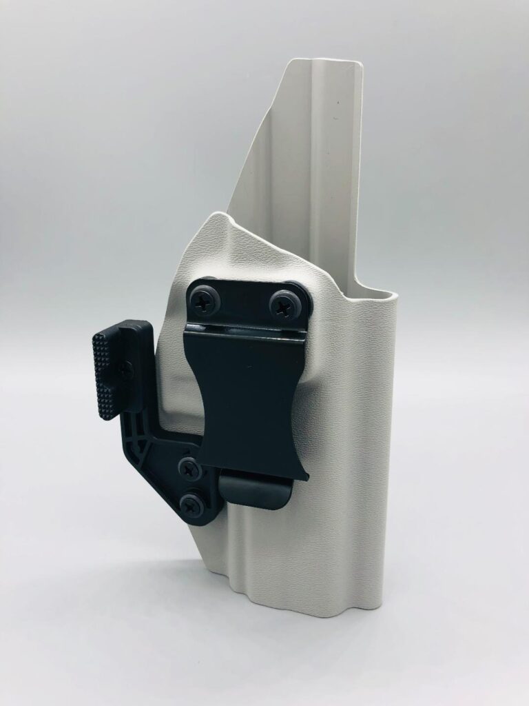 Light grey Triton Premium Kydex IWB holster with a concealment wing