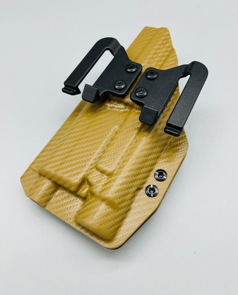 Coyote carbon fiber Hermes Series OWB holster with black belt clips