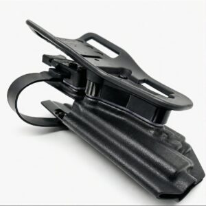 Black Zeus Level 2 duty holster shown at an angle with the retention hood raised