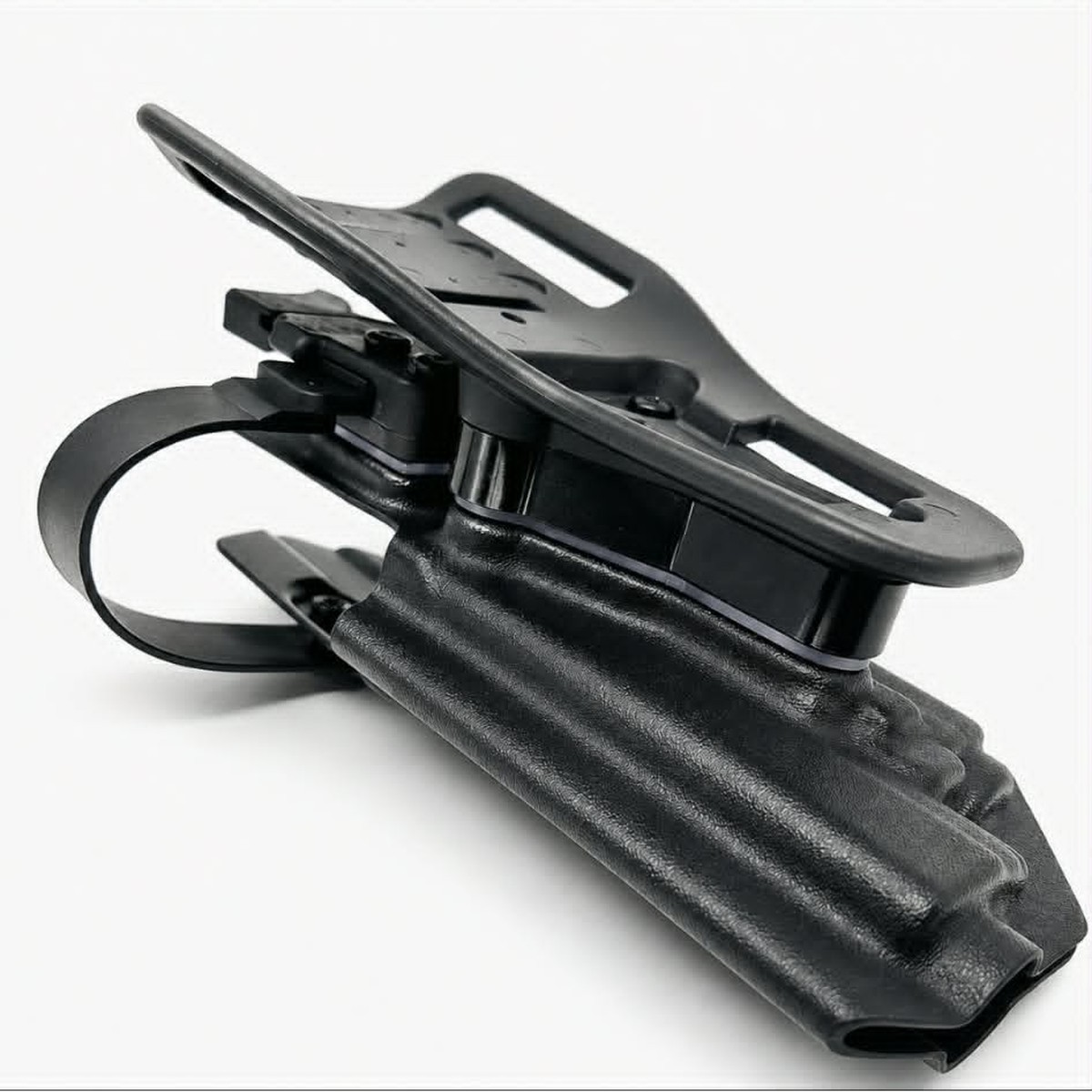 Black Zeus Level 2 duty holster shown at an angle with the retention hood raised