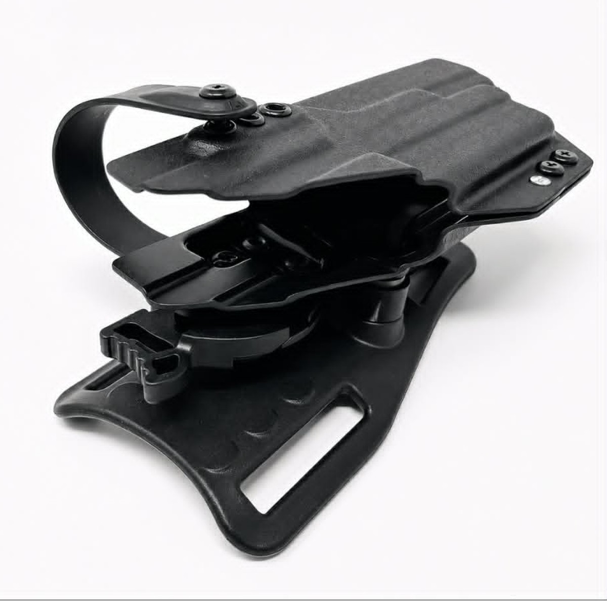 Black Kydex Zeus Level 2 OWB duty holster with retention hood and quick-detach belt plate
