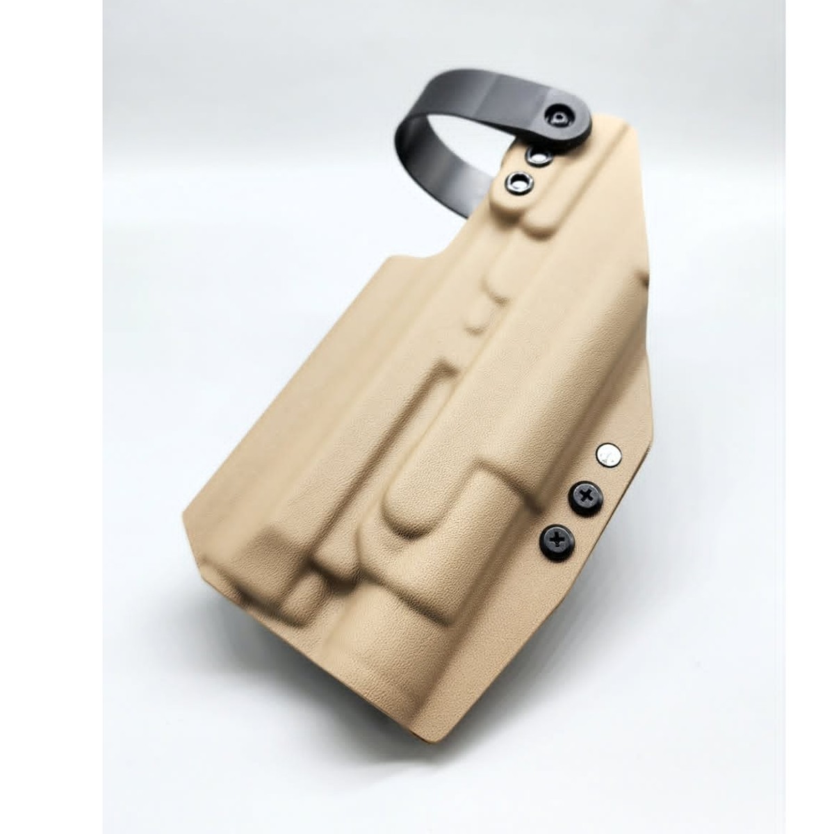 Coyote Kydex duty holster shell front view with black belt strap and hardware