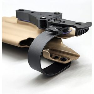 Coyote Kydex Zeus Level 2 duty holster with black retention hood and thumb release