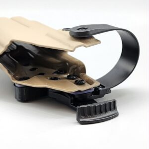 Coyote Zeus Level 2 duty holster with the retention hood open over the drop plate