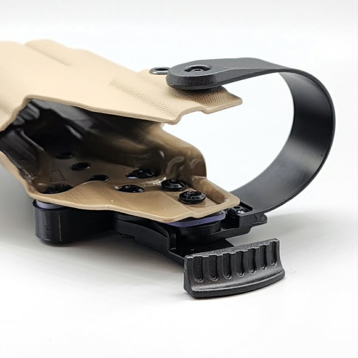 Coyote Zeus Level 2 duty holster with the retention hood open over the drop plate