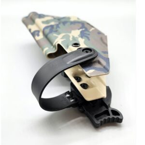 Woodland camo Kydex Zeus Level 2 duty holster with black retention hood and release