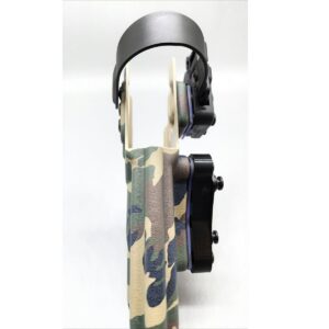 Woodland camo Zeus Level 2 duty holster front view with retention hood raised