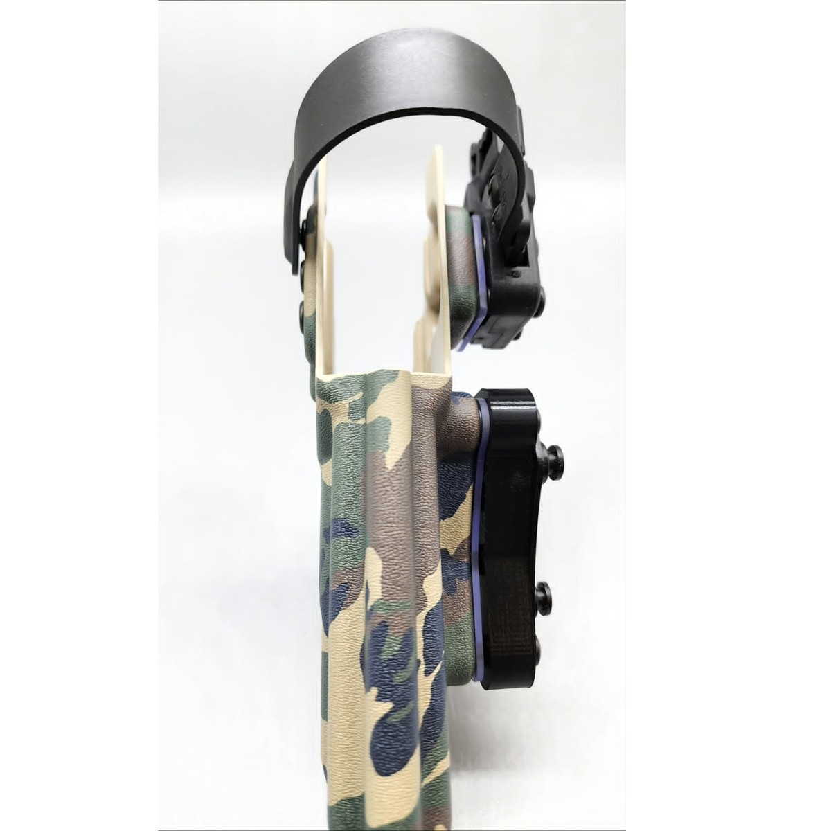 Woodland camo Zeus Level 2 duty holster front view with retention hood raised