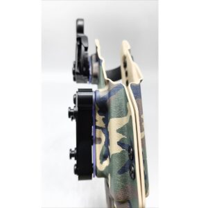 Woodland camo Zeus Level 2 duty holster side profile with black quick-detach mount